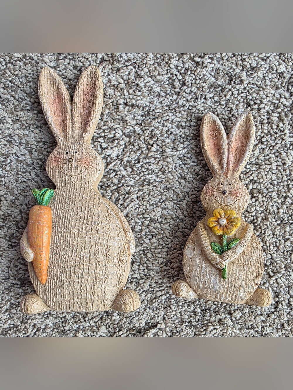 Hand-Painted Neutral Bunny Décor Set with Yellow Flower and Orange Carrot